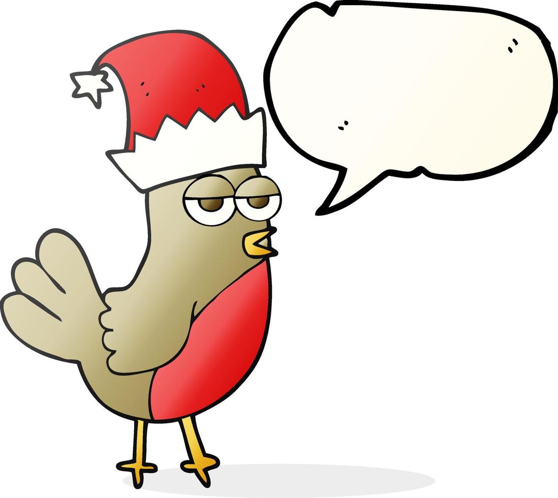 freehand drawn speech bubble cartoon robin in christmas hat vector