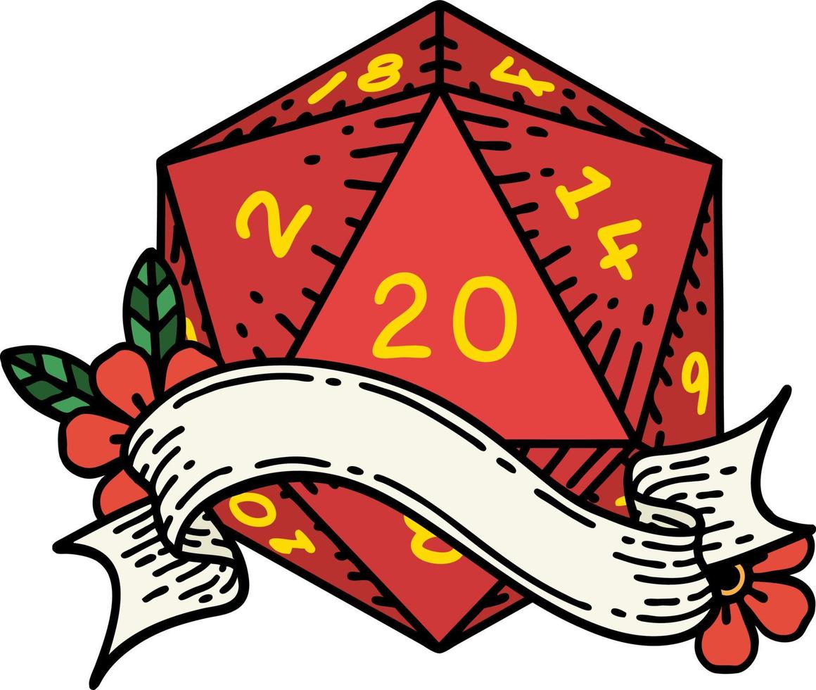 Retro Tattoo Style natural twenty D20 dice roll vector