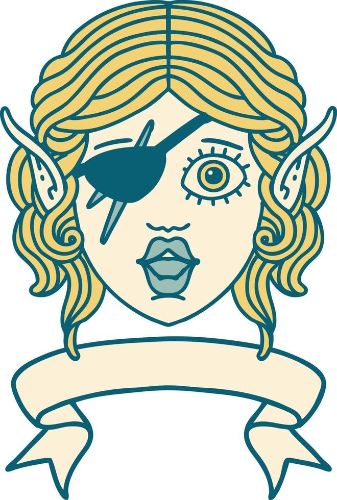 Retro Tattoo Style elf rogue character face with banner vector