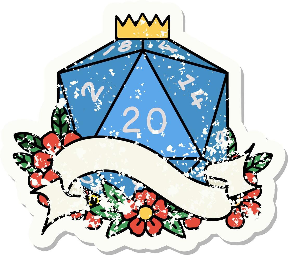 grunge sticker of a natural twenty D20 dice roll vector