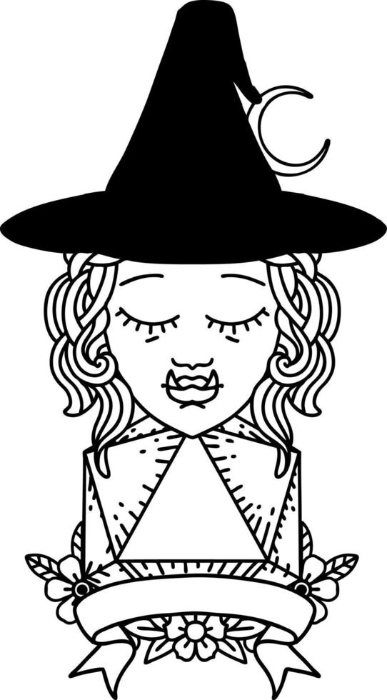 Black and White Tattoo linework Style half orc witch character with natural 20 dice roll vector