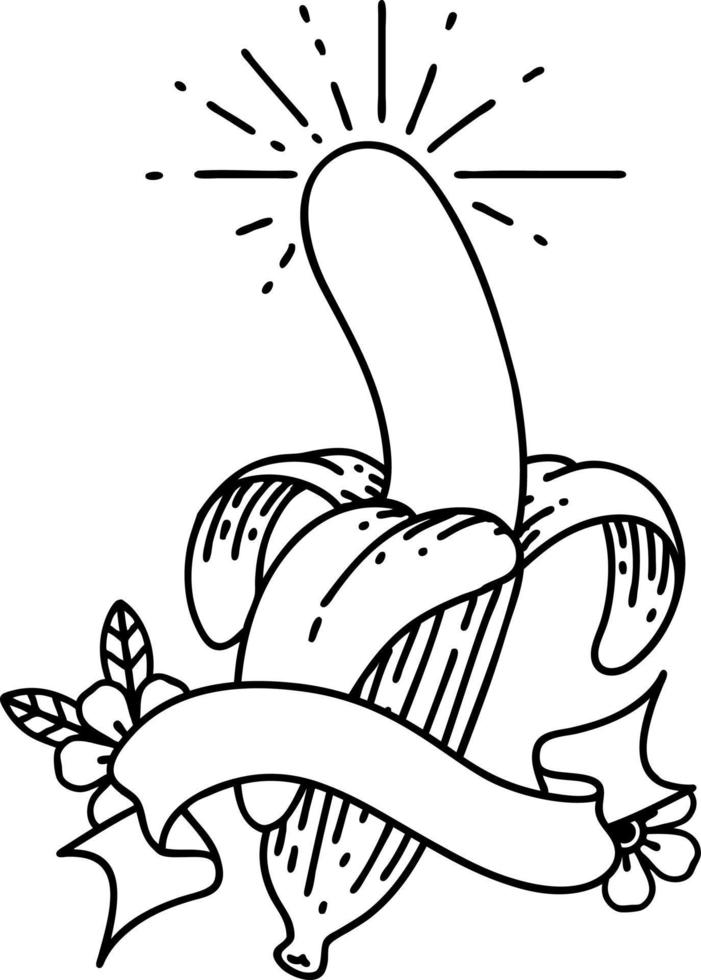scroll banner with black line work tattoo style peeled banana vector