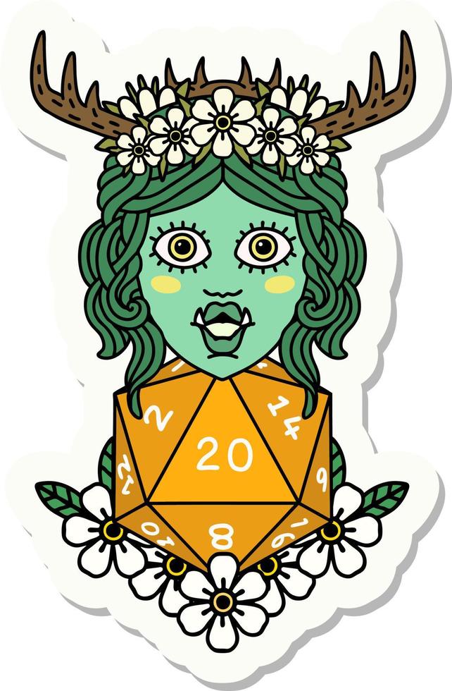 sticker of a half orc druid with natural twenty dice roll vector