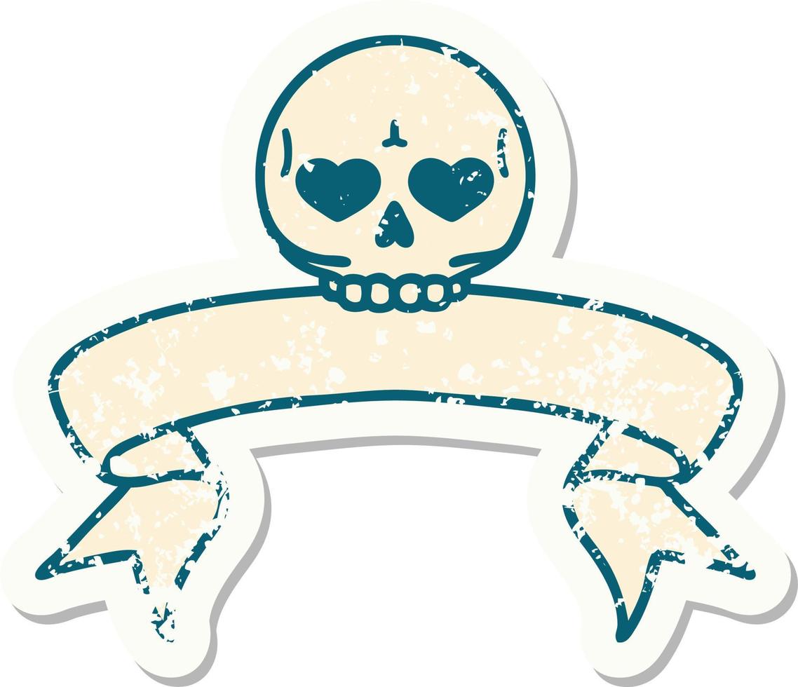 worn old sticker with banner of a skull vector