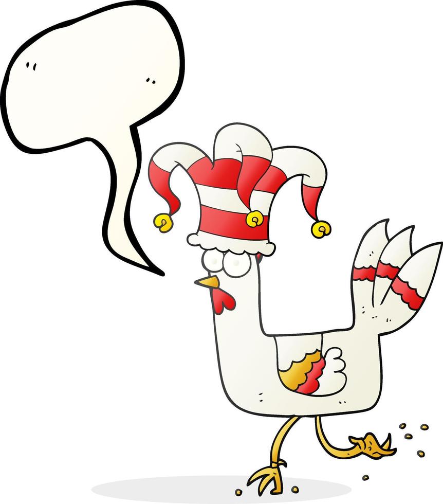 freehand drawn speech bubble cartoon chicken running in funny hat vector