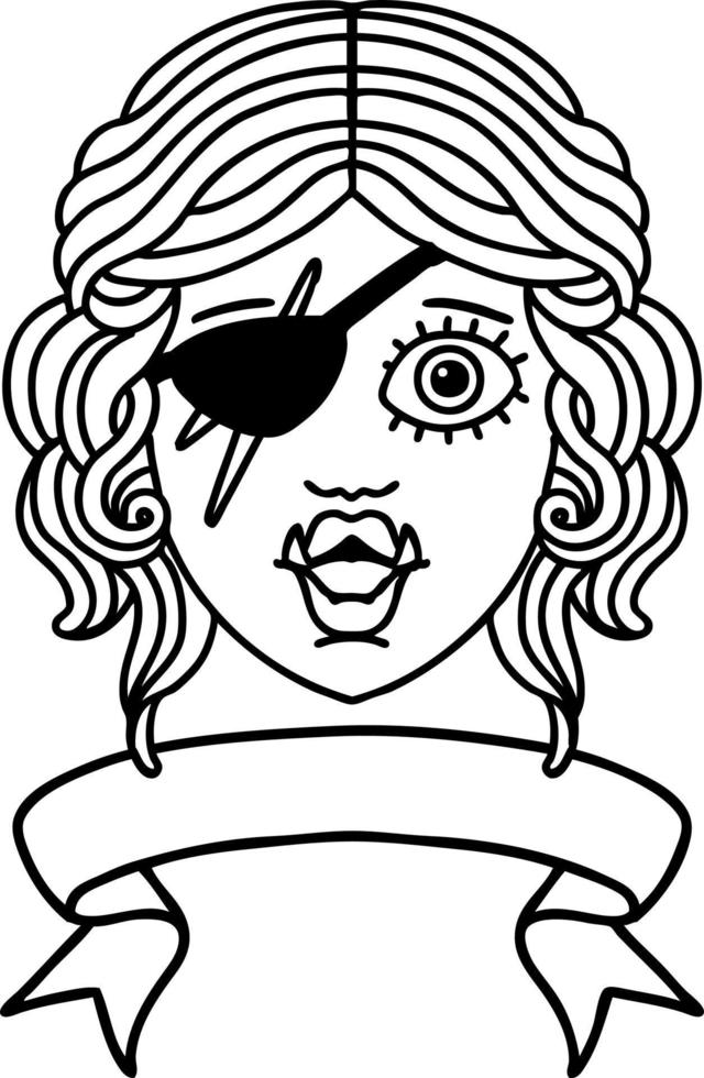 tatuaje en blanco y negro estilo de línea cara de personaje orco pícaro con pancarta vector