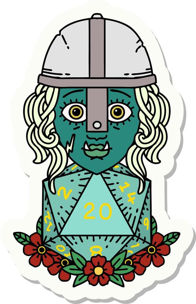 sticker of a half orc fighter character with natural twenty dice roll vector