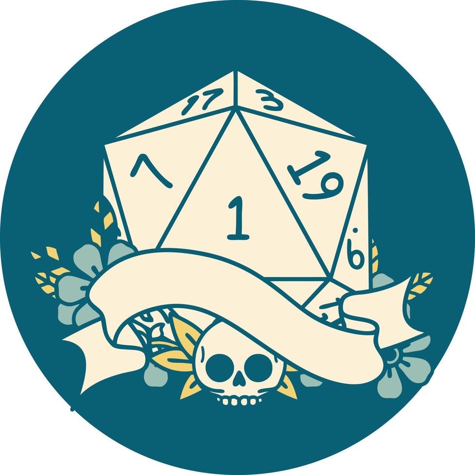 Retro Tattoo Style natural one d20 dice roll vector