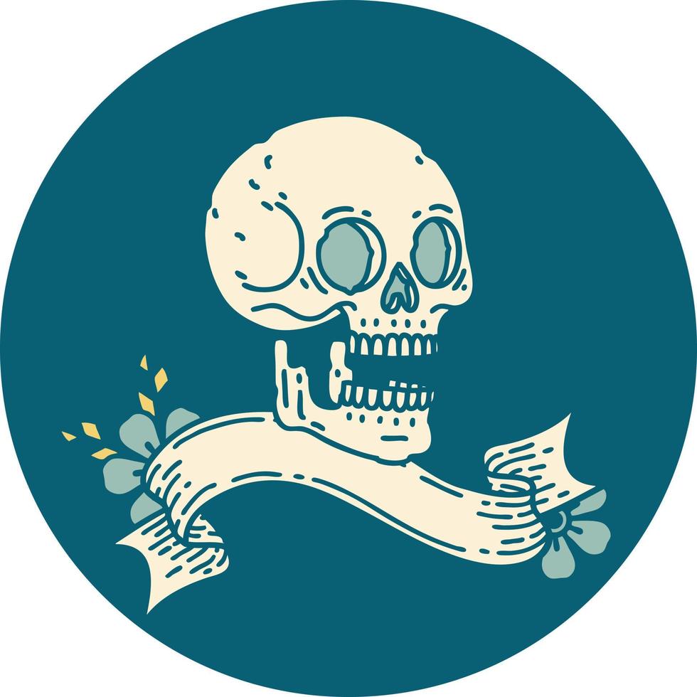 icono de estilo tatuaje con pancarta de una calavera vector