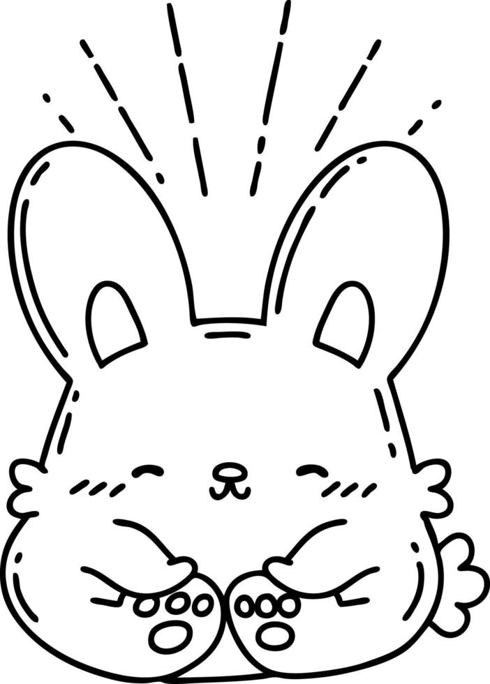 illustration of a traditional black line work tattoo style happy rabbit vector