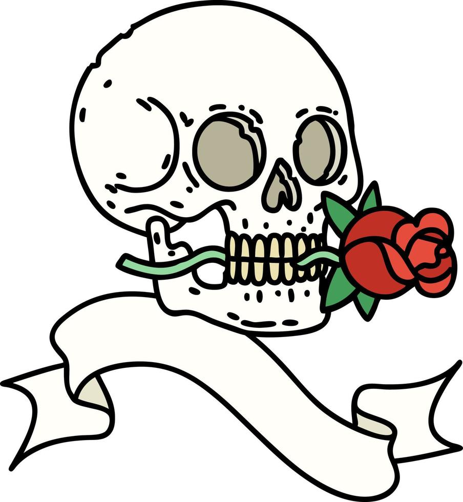 traditional tattoo with banner of a skull and rose vector