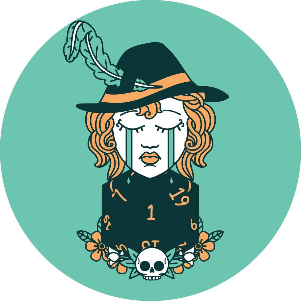 icon of crying human bard with natural one D20 dice roll vector