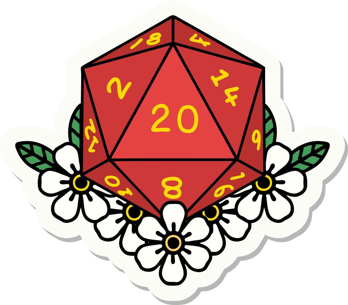 sticker of a natural 20 D20 dice roll with floral elements vector