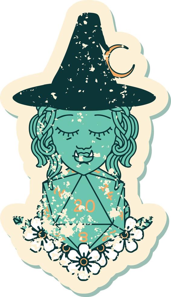 Retro Tattoo Style half orc wizard with natural twenty dice roll vector