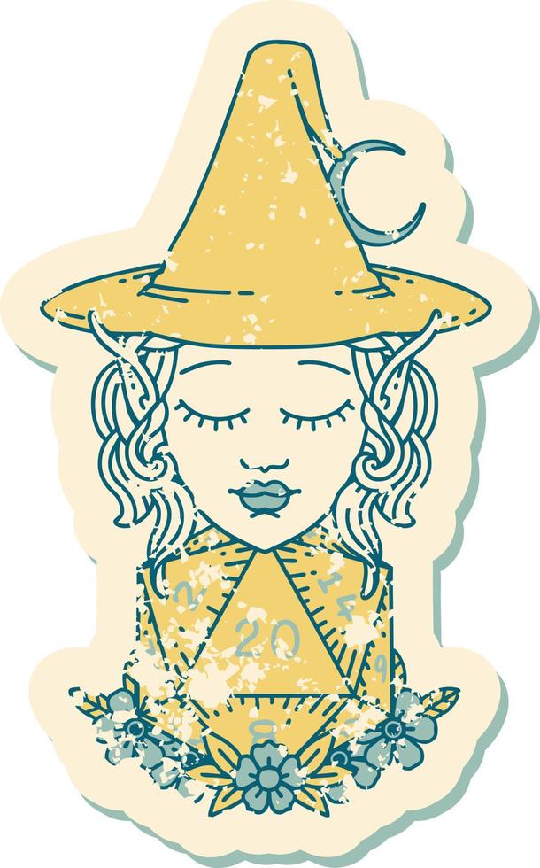 Retro Tattoo Style elf mage character with natural twenty dice roll vector