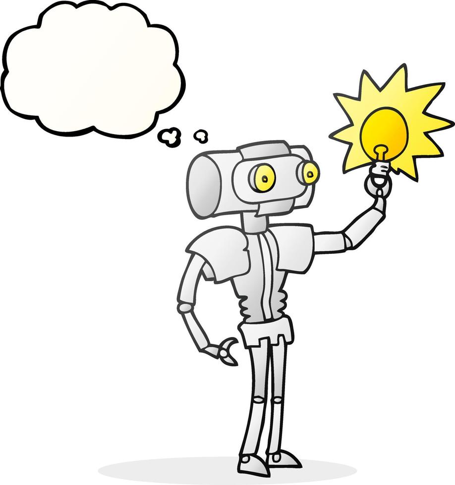 freehand drawn thought bubble cartoon robot with light bulb vector