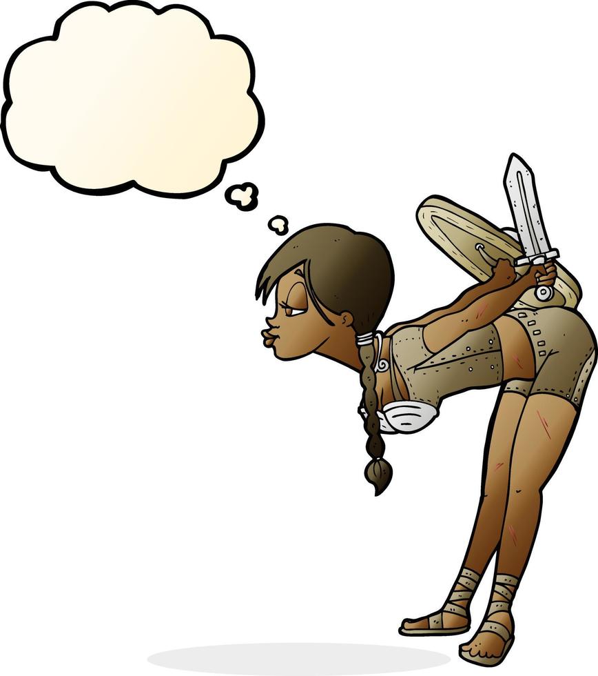 cartoon viking girl bowing with thought bubble vector