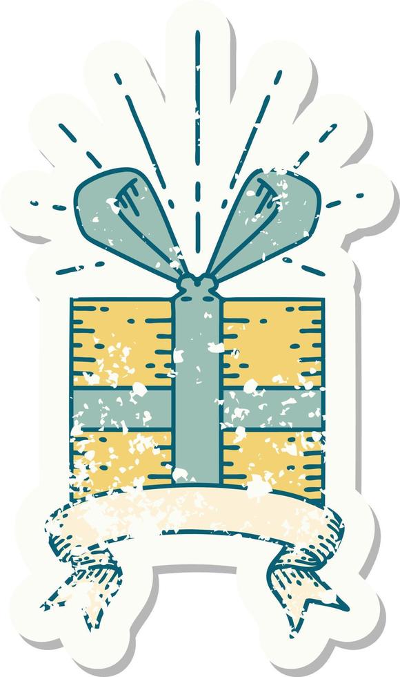 worn old sticker of a tattoo style christmas present vector