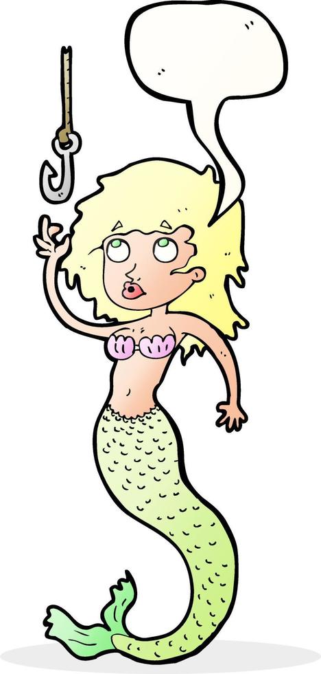 cartoon mermaid and fish hook with speech bubble vector