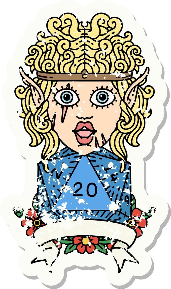 Retro Tattoo Style elf barbarian character with natural twenty dice roll vector