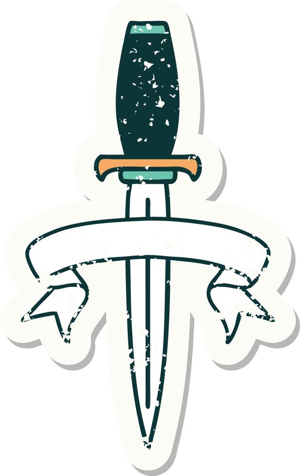 worn old sticker with banner of a dagger vector