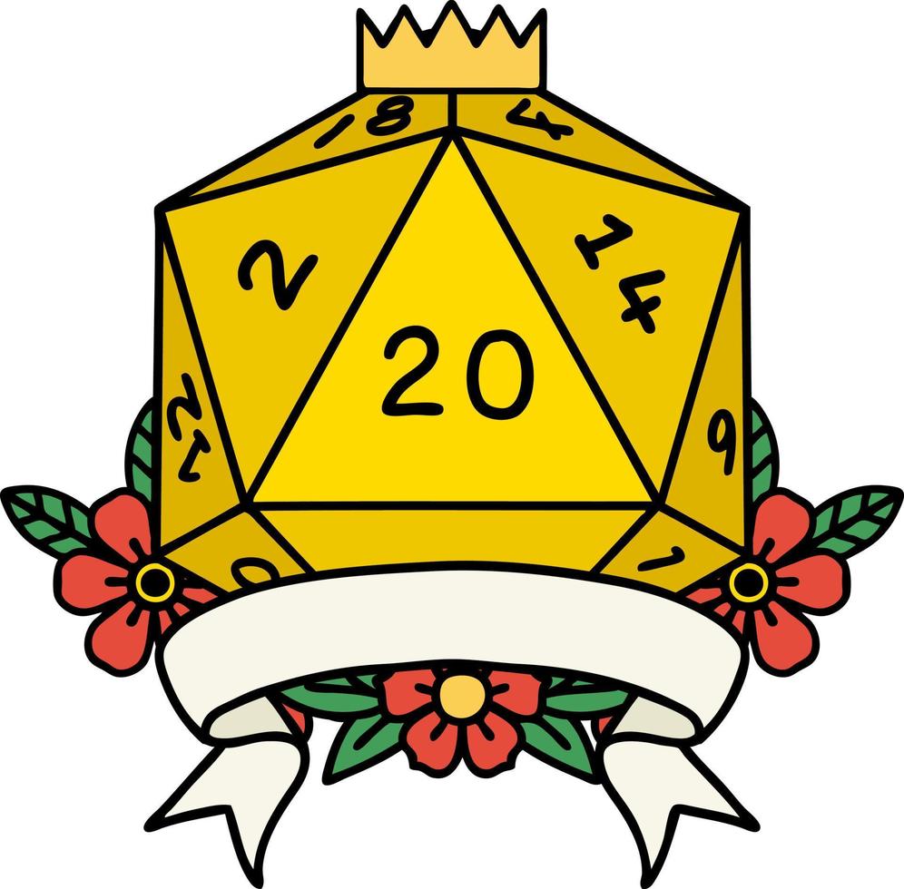 estilo de tatuaje retro natural 20 golpe crítico d20 tirada de dados vector