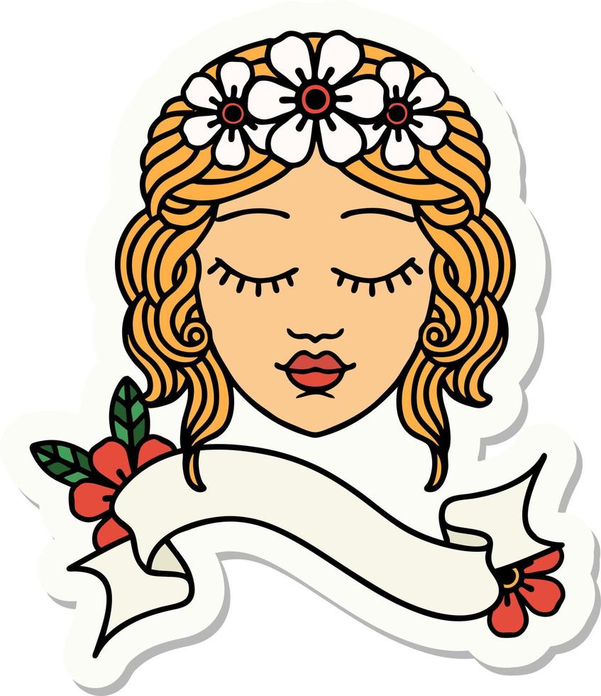 tattoo style sticker with banner of a maidens face vector