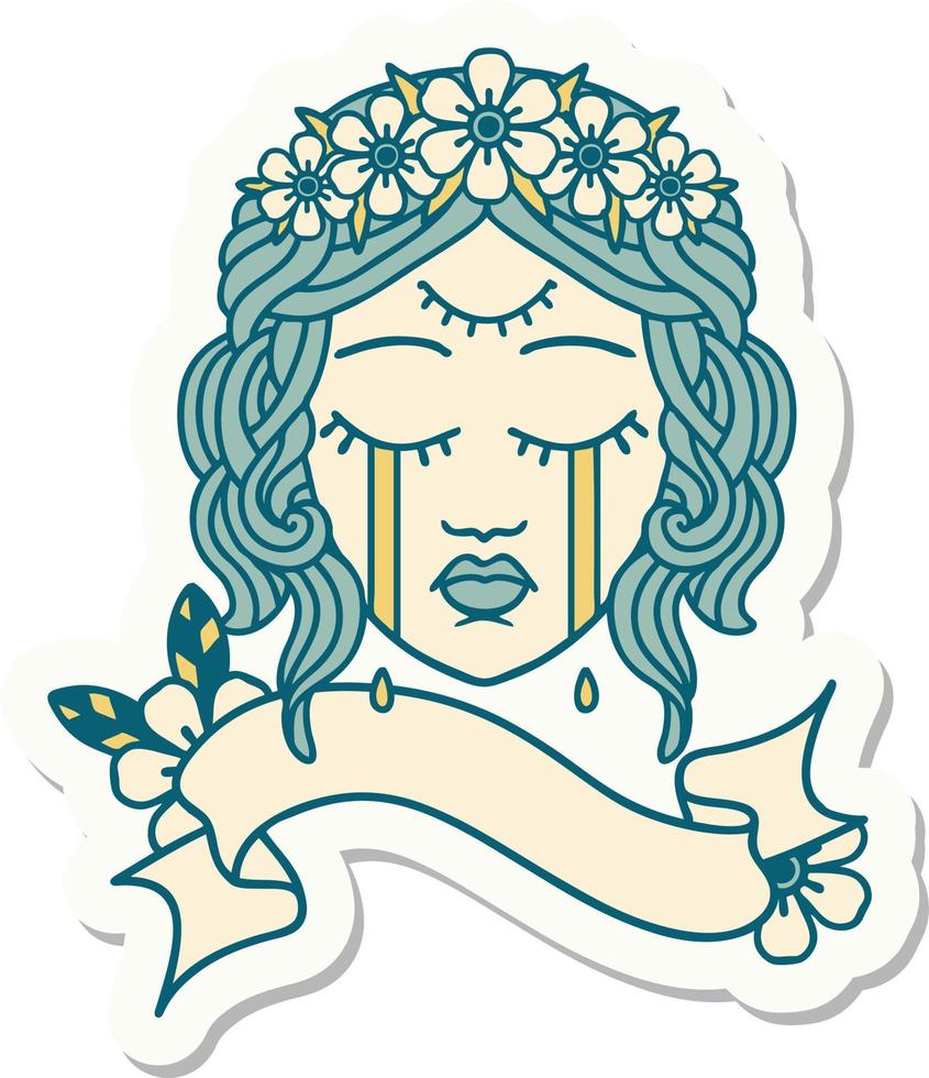 tattoo style sticker with banner of female face with third eye and crown of flowers cyring vector