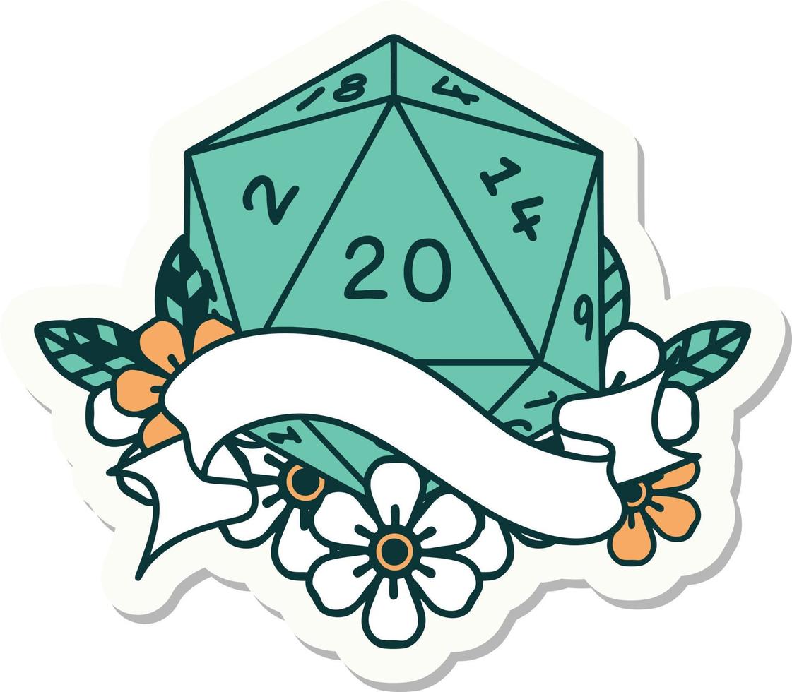 sticker of a natural twenty D20 dice roll vector
