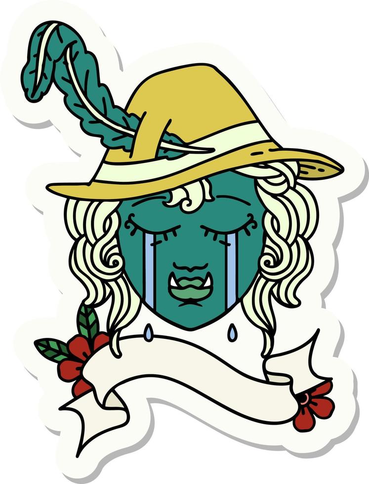 sticker of a crying half orc bard character face vector
