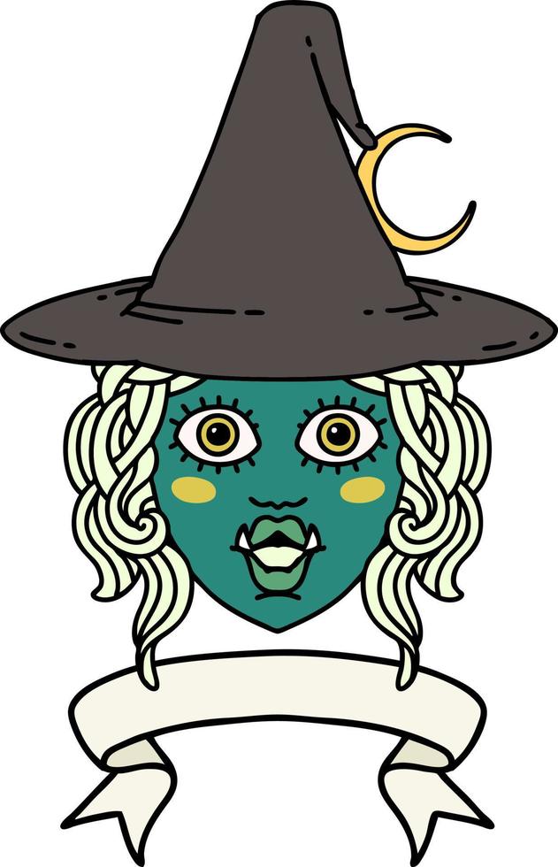 Retro Tattoo Style half orc witch character face with banner vector