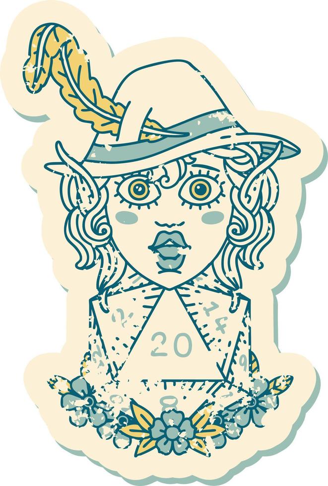 Retro Tattoo Style elf bard character with natural twenty dice roll vector