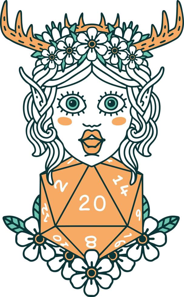 Retro Tattoo Style elf druid character with nautral twenty dice roll vector