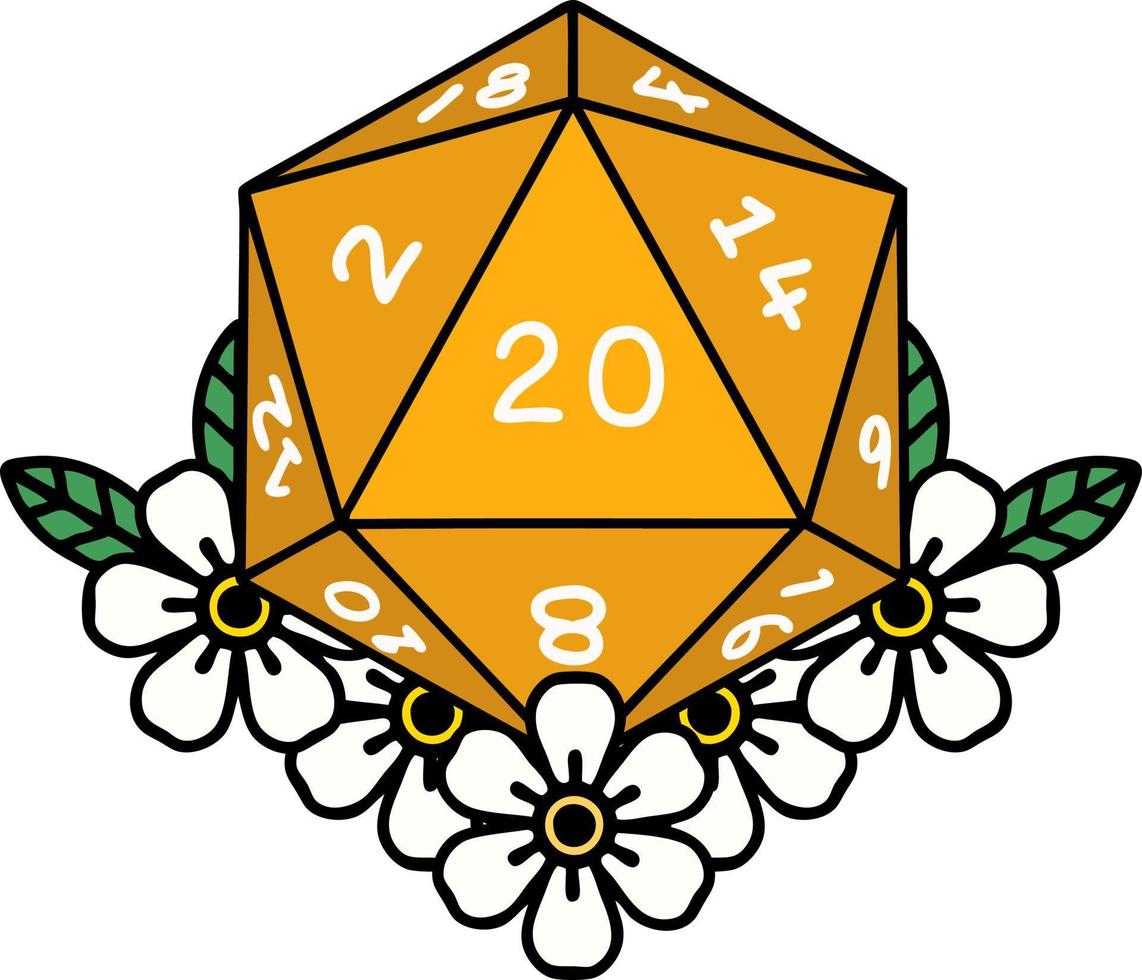 Retro Tattoo Style natural 20 D20 dice roll with floral elements vector