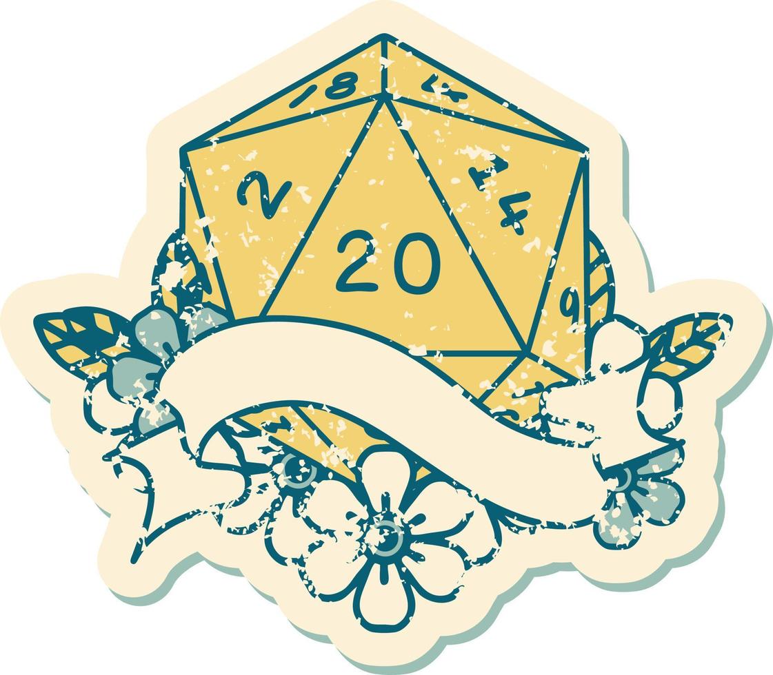 Retro Tattoo Style natural twenty D20 dice roll vector