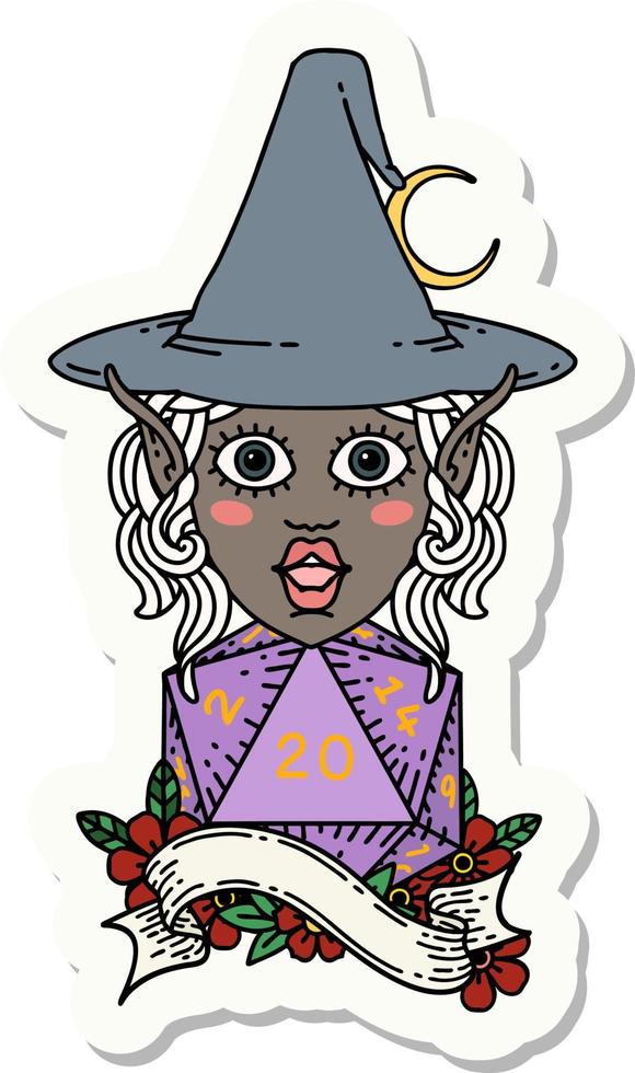 sticker of a elf mage character with natural twenty dice roll vector