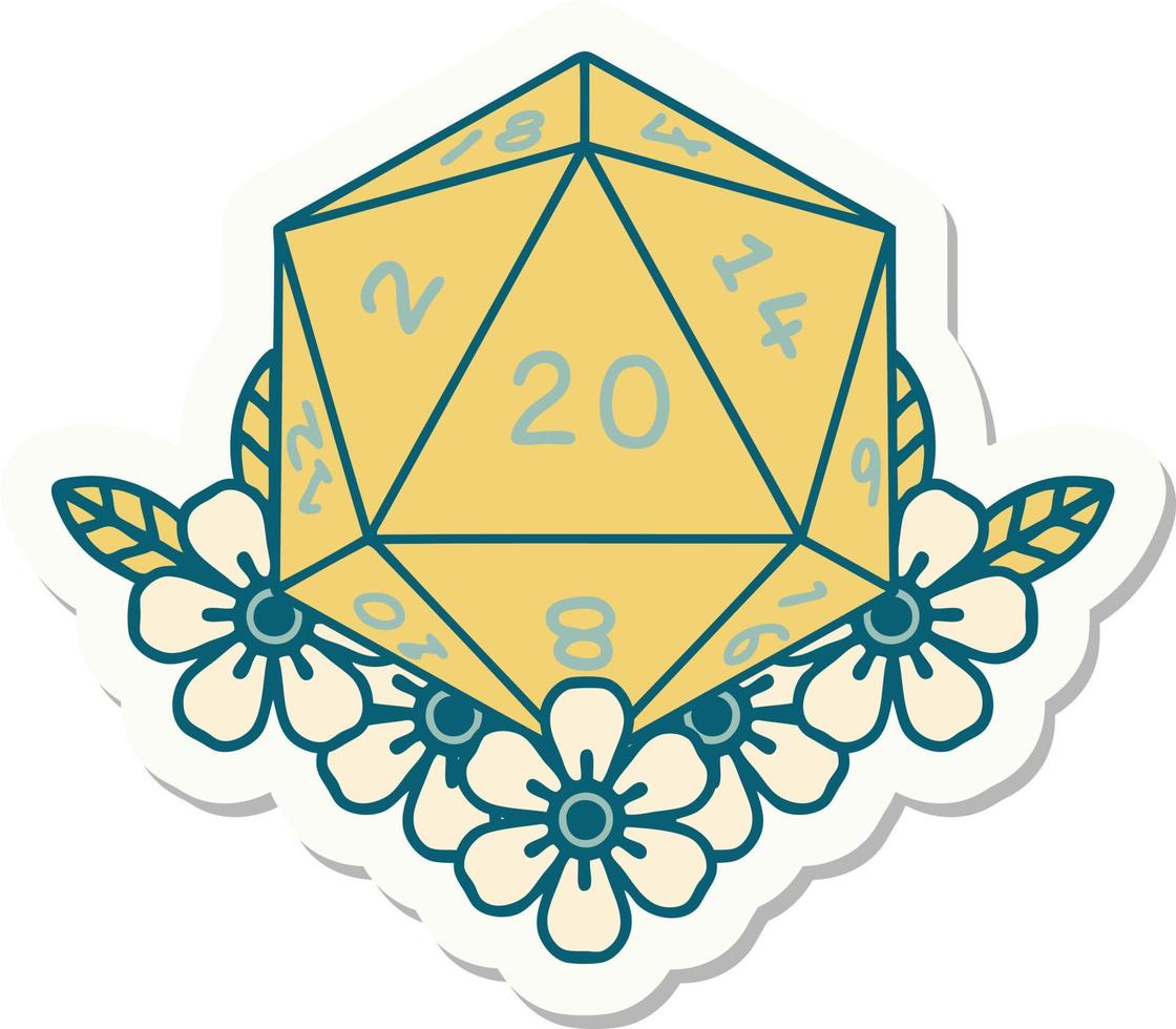 sticker of a natural 20 D20 dice roll with floral elements vector