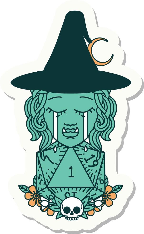 pegatina de un triste personaje de bruja medio orco con un rollo natural d20 vector