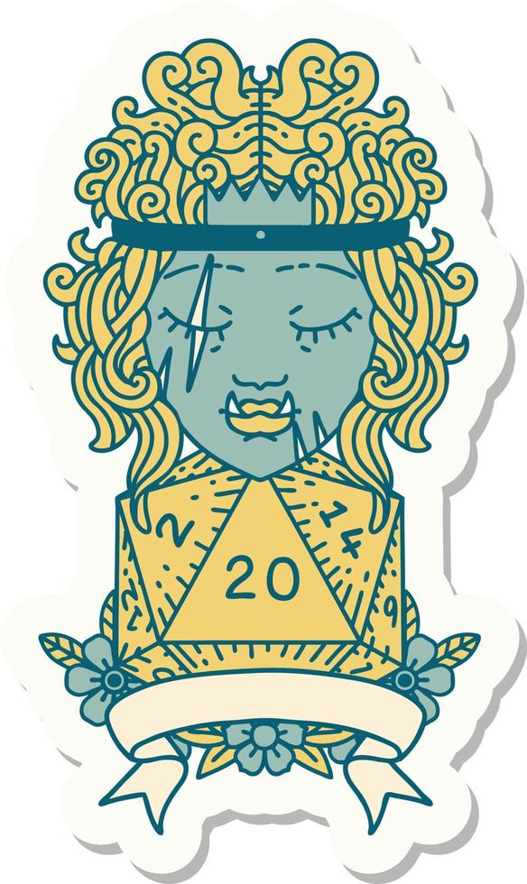 sticker of a half orc barbarian character with natural 20 dice roll vector