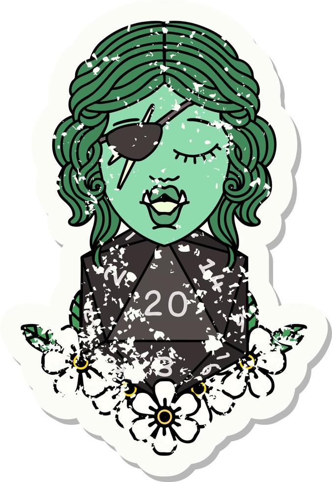 grunge sticker of a half orc rogue with natural twenty dice roll vector