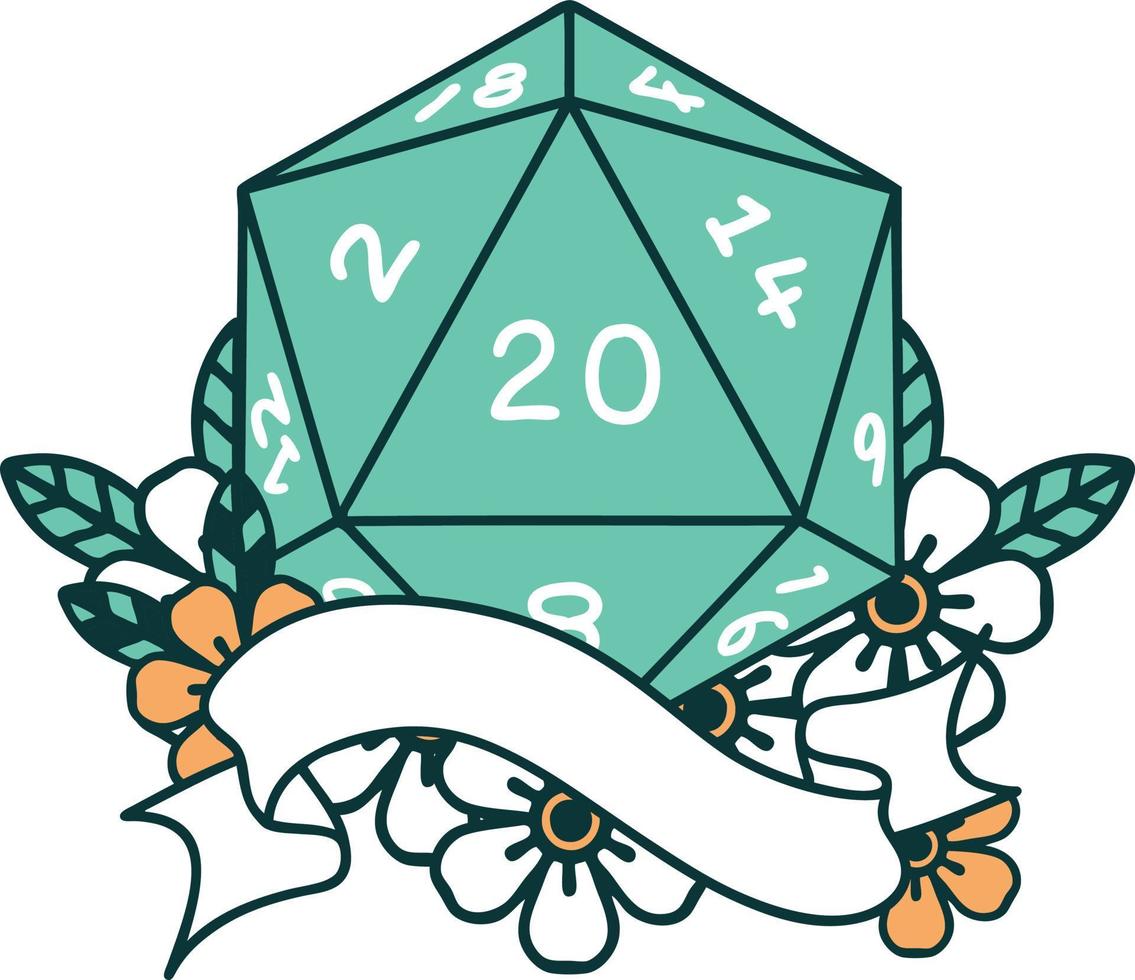 Retro Tattoo Style natural twenty D20 dice roll vector