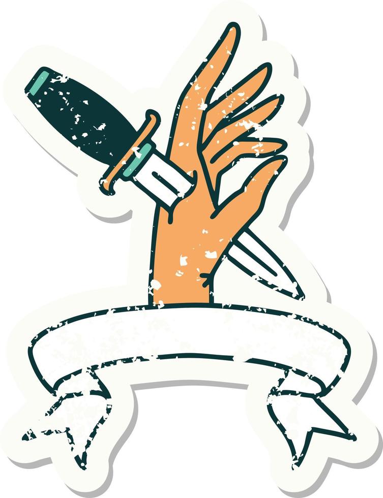 worn old sticker with banner of a dagger in the hand vector
