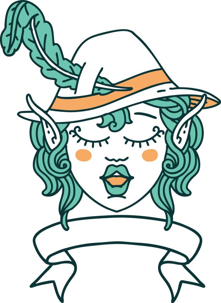 Retro Tattoo Style singing elf bard character face with banner vector