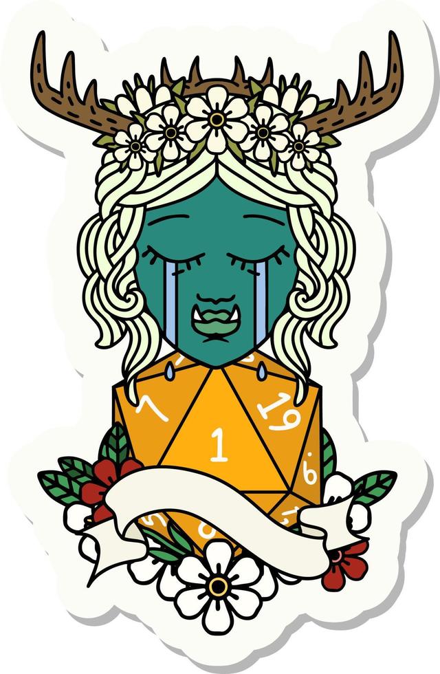 sticker of a crying orc barbarian character face with natural one D20 roll vector
