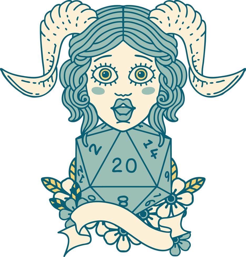 Retro Tattoo Style tiefling with natural twenty dice roll vector