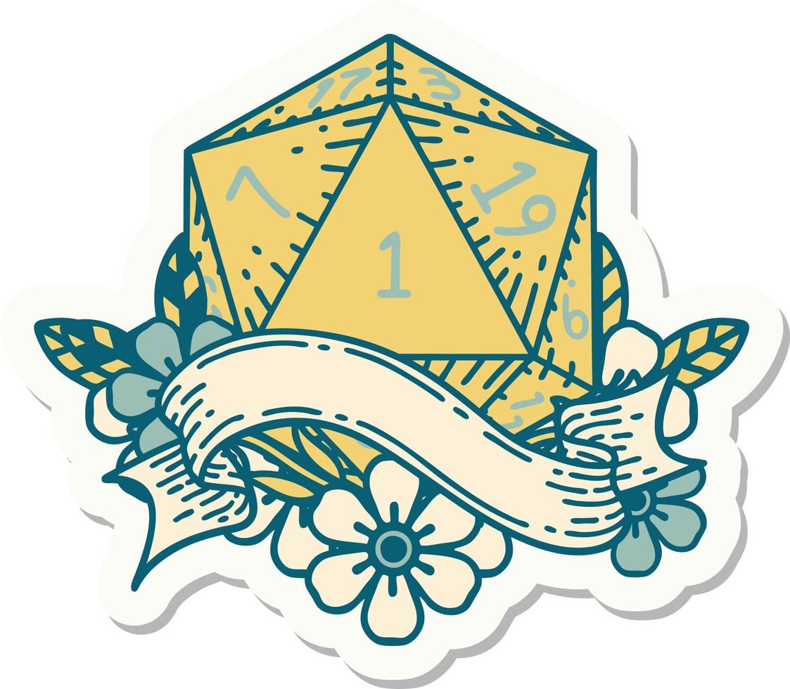 sticker of a natural one d20 dice roll vector