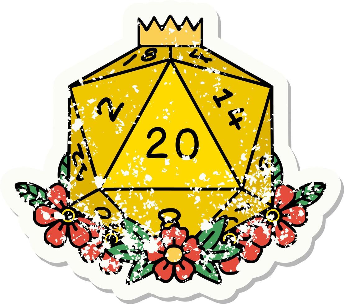 grunge sticker of a natural 20 D20 dice roll with floral elements vector