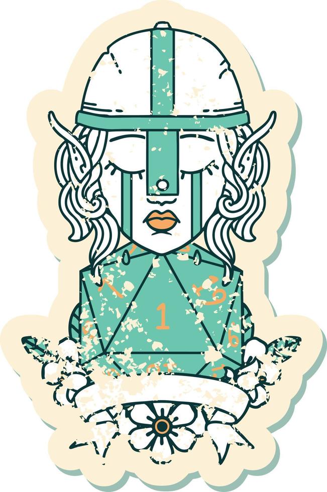 Retro Tattoo Style crying elf fighter character face with natural one D20 roll vector