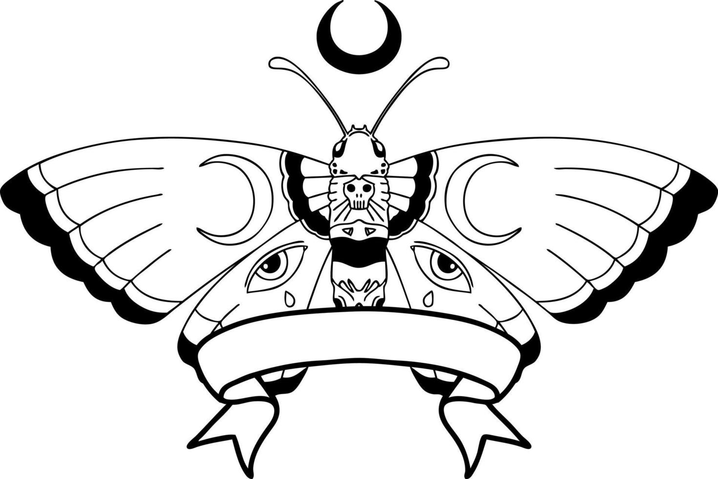 traditional black linework tattoo with banner of a moth vector