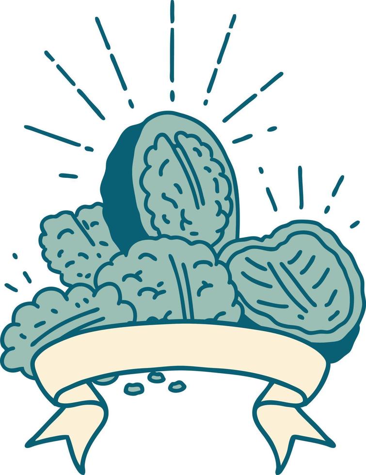 scroll banner with tattoo style walnuts with shell vector
